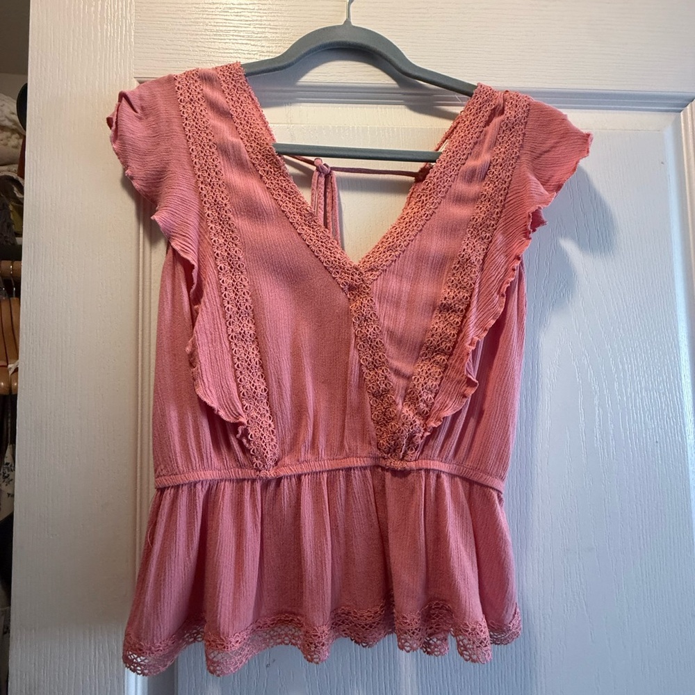 Ruffled V-Neck Pink Peplum Blouse